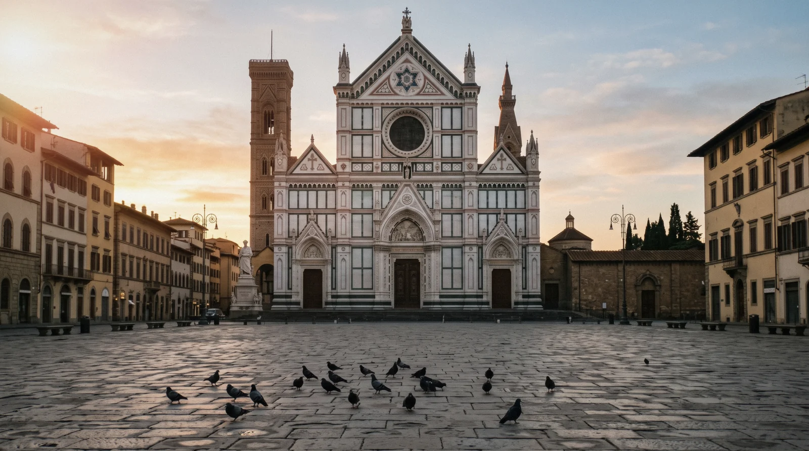 Marble façade of Santa Croce across its piazza at sunrise, one of the Florence churches open to visitors