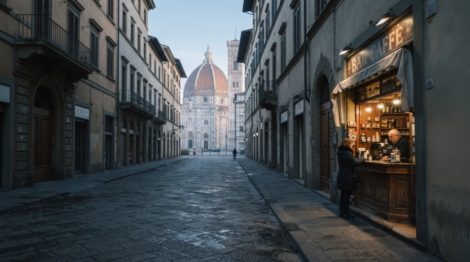 Via dei Calzaiuoli towards the Duomo at 8 in the morning, the start of a Florence in one day itinerary