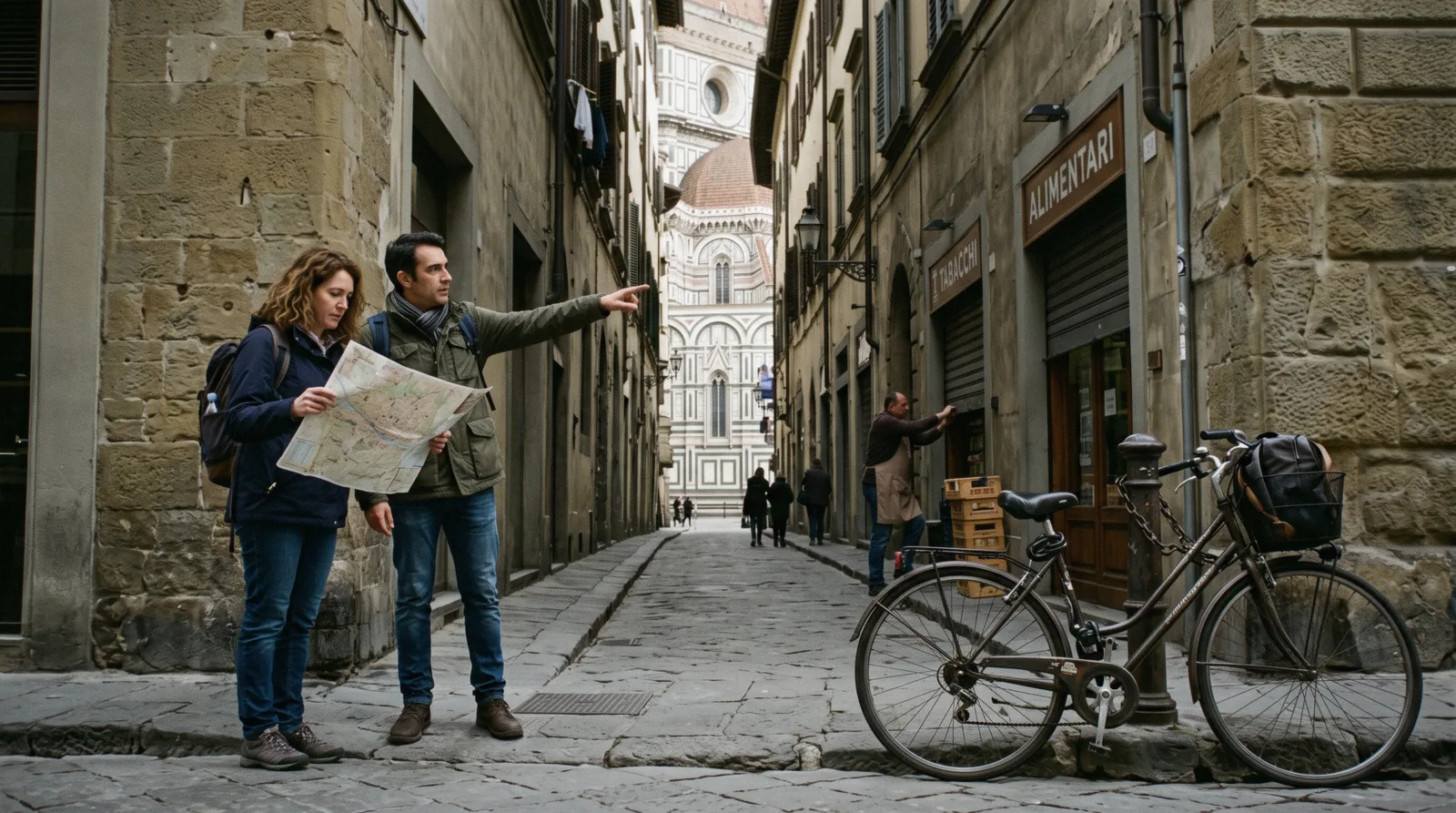 Two visitors reading a paper map in a lane off Via del Proconsolo, the Duomo at the end of the street, on a Florence map and orientation page