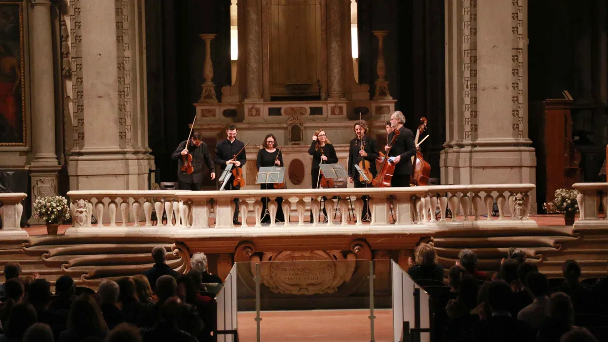 String ensemble playing Vivaldi at an evening classical music concert