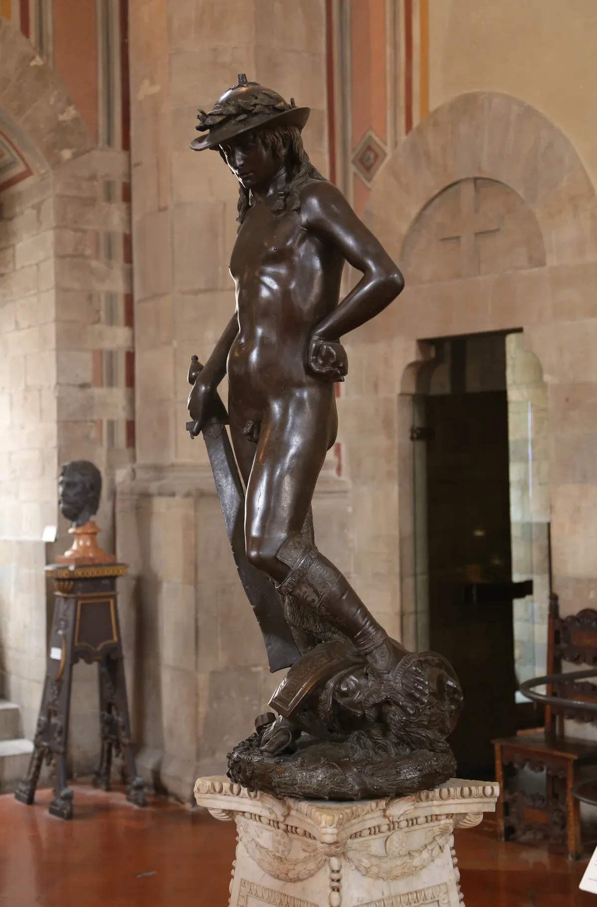 Donatello's bronze David on its pedestal in the Bargello museum, Florence